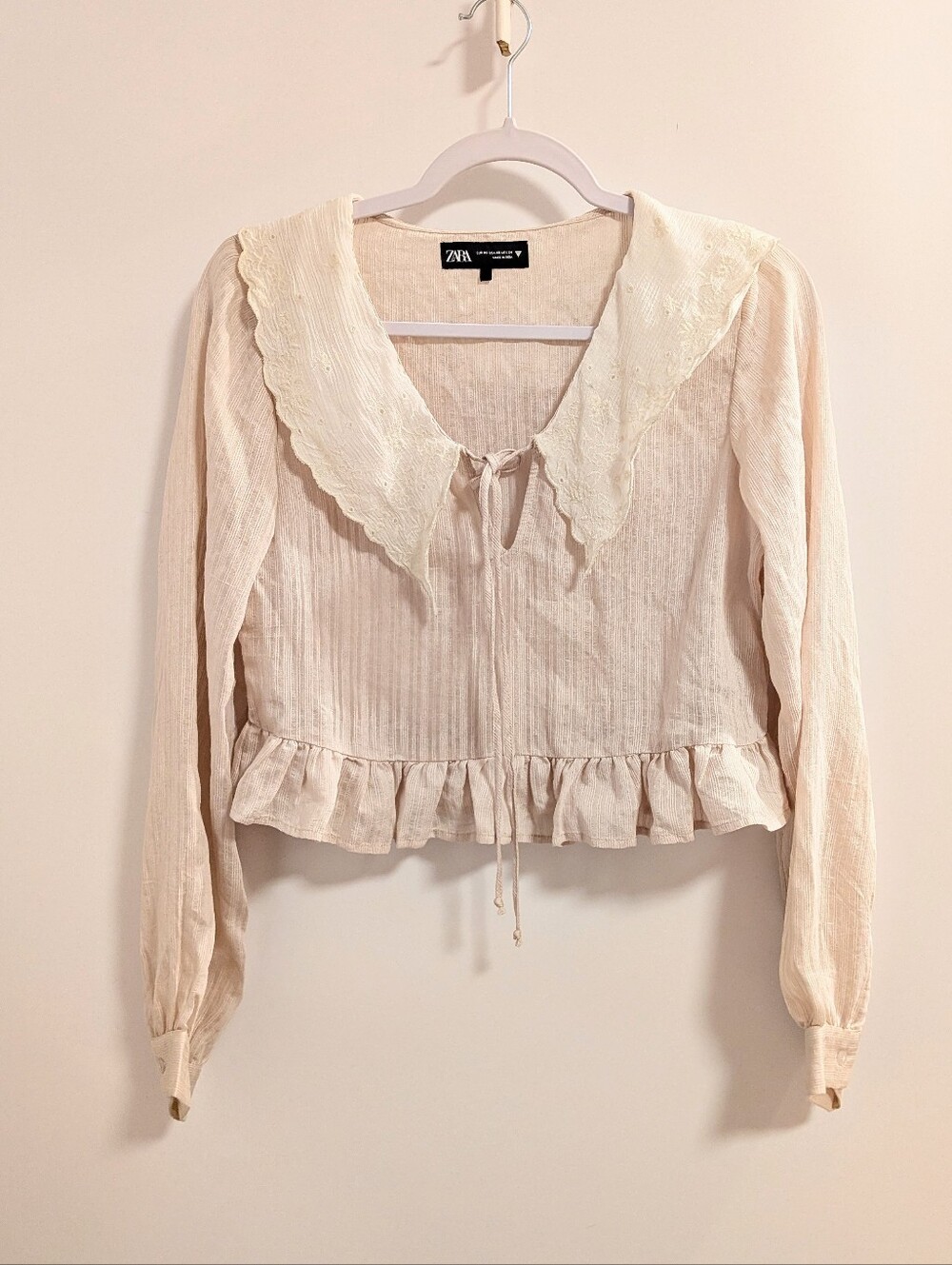 Zara Cream Tie-Front Ruffle Blouse with Lace Collar
